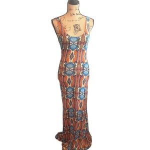Good Time U.S.A Resortwear Vacation Geometric Tank‎ Maxi Dress Orange Blue Small
